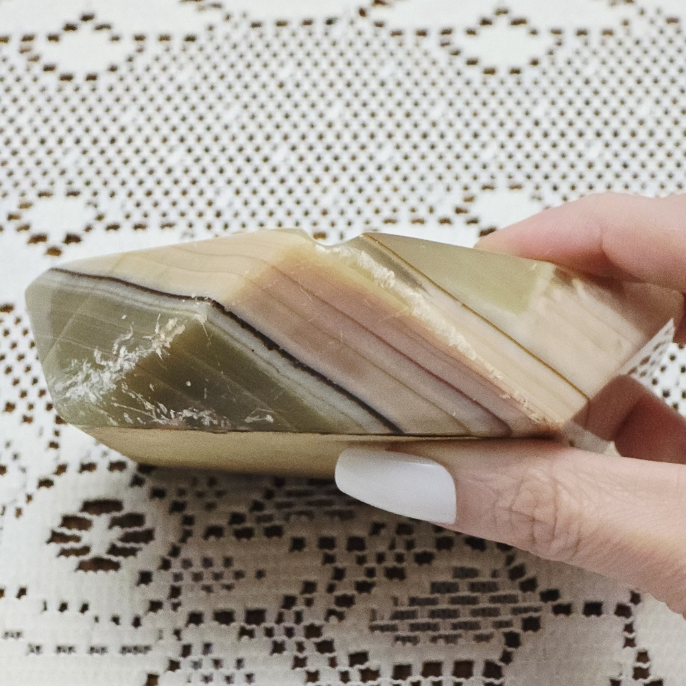 Vintage MCM Onyx Ashtray Marble Alabaster Heavy Stone Cream Green Pink Tan - Picture 7 of 16